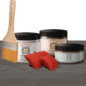 Retique It Fireplace Wood'n Finish Kit in Harbor Gray stain, featuring gel stain application on wood for fireplace finishing.