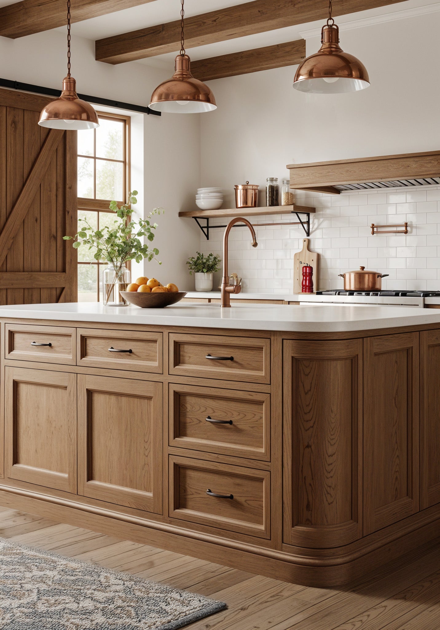 Large Modern Walnut Wood'n Finish Kit by Retique It® for interior topcoat on barnwood kitchen island, showcasing wood surface and finish tools.