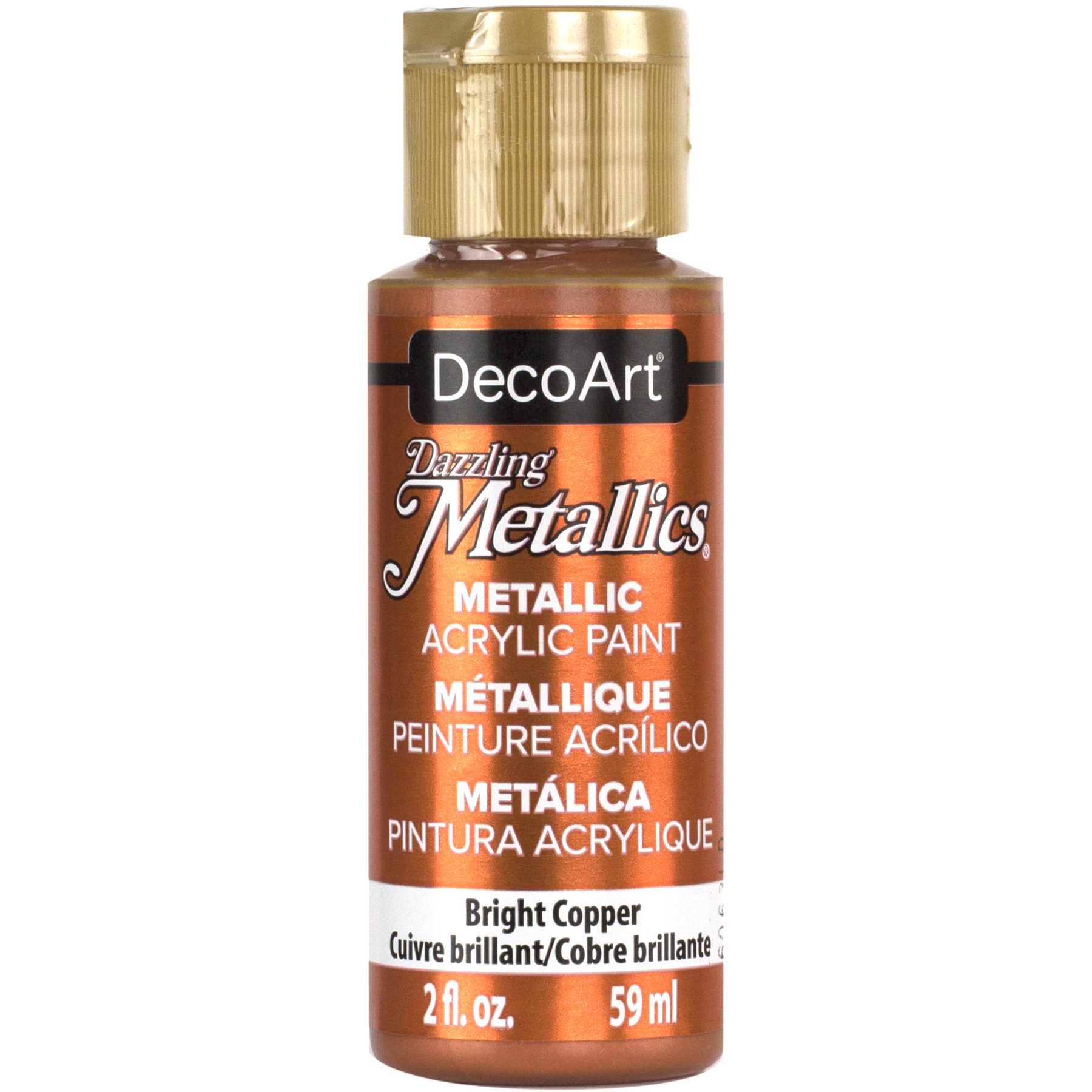 Bright copper metallic paint from DecoArt's Dazzling Metallics line showing a vibrant, shiny copper finish.