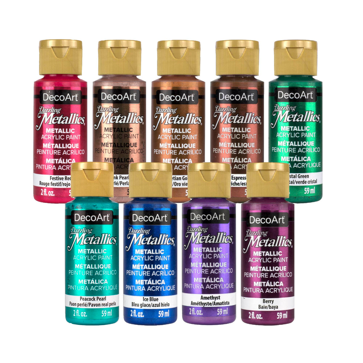 DecoArt Dazzling Metallics Bold Metallic Paint Set featuring vibrant gold, silver, and bronze metallic paints for arts and crafts.