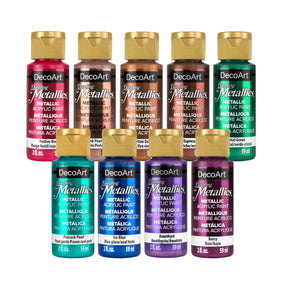 DecoArt Dazzling Metallics Bold Metallic Paint Set featuring vibrant gold, silver, and bronze metallic paints for arts and crafts.
