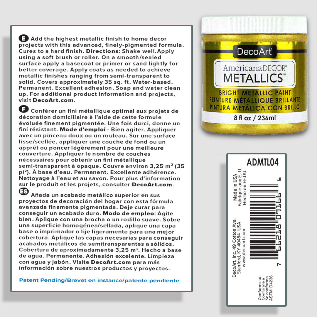 Three bottles of DecoArt Metallics 24K Gold acrylic paint in a 3-pack, showcasing shiny gold metallic finish.