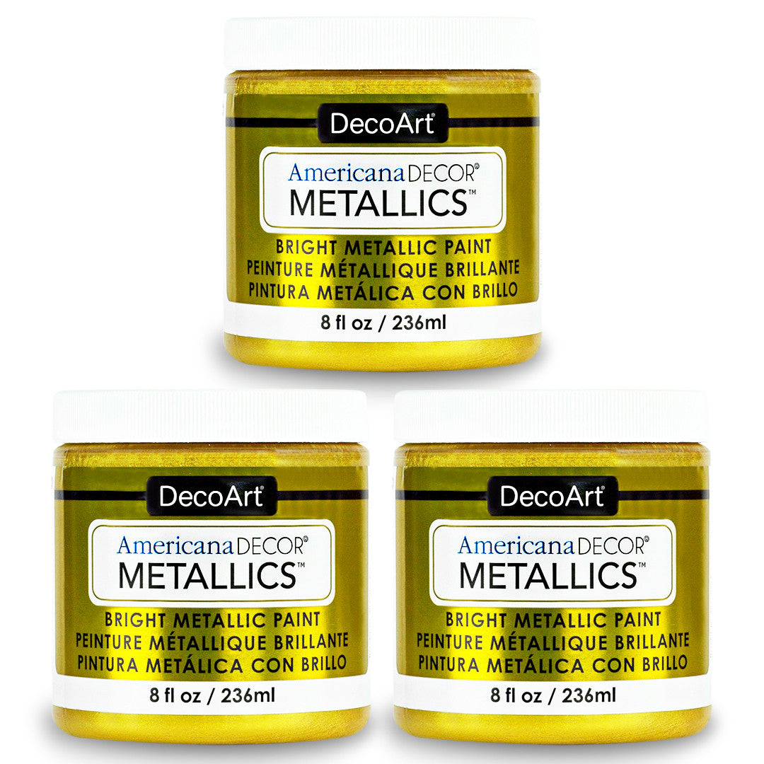 Three bottles of DecoArt Metallics 24K Gold paint featuring shiny gold metallic finish for arts and crafts projects.