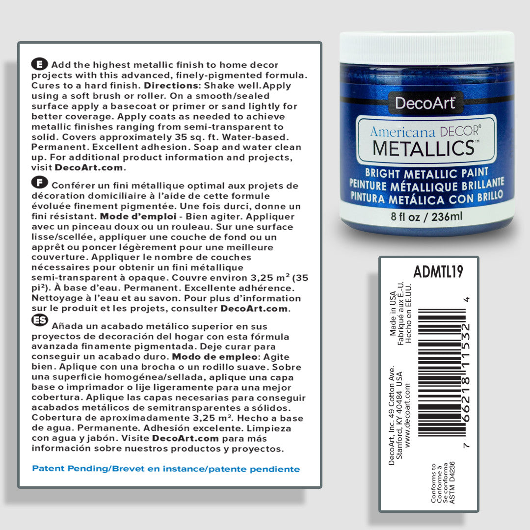 DecoArt Metallics 3-color set featuring vibrant metallic paint bottles and color swatches for artistic projects.