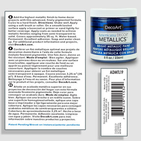 DecoArt Metallics 3-color set featuring vibrant metallic paint bottles and color swatches for artistic projects.