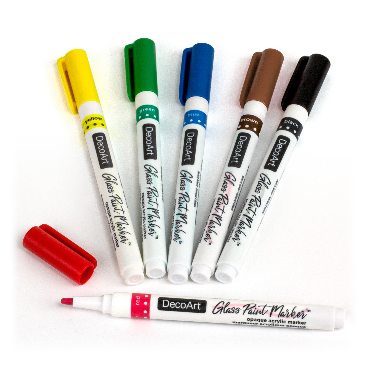DecoArt glass paint marker set with six colorful markers for decorating glass surfaces and artistic projects.