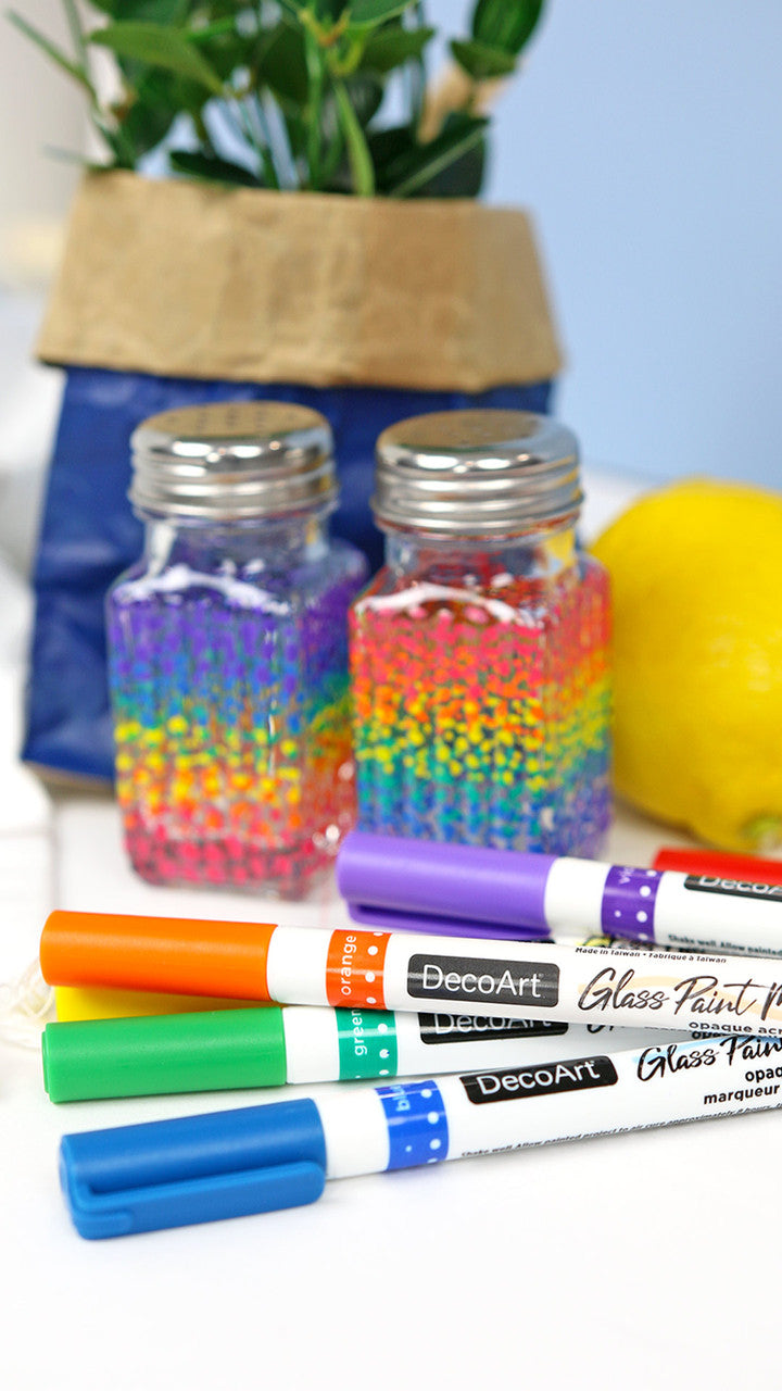 DecoArt glass paint marker set with six colorful markers for decorating glass surfaces and creating vibrant designs.