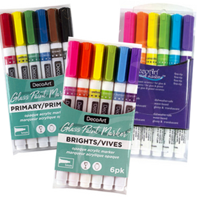 Set of six DecoArt glass paint markers with vibrant ink for decorating and customizing glass surfaces.