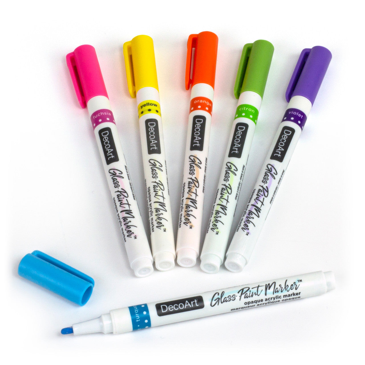 DecoArt glass paint marker set with six colorful markers for decorating glass surfaces and creating vibrant designs.