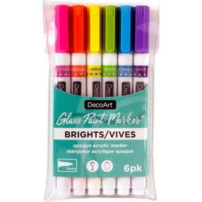DecoArt Glass Paint Marker Set with six colorful markers for vibrant glass decorating and craft projects.