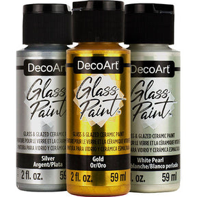 DecoArt Metallics Glass Paint in gold, 2 oz bottle, for decorating and adding metallic shine to glass surfaces.