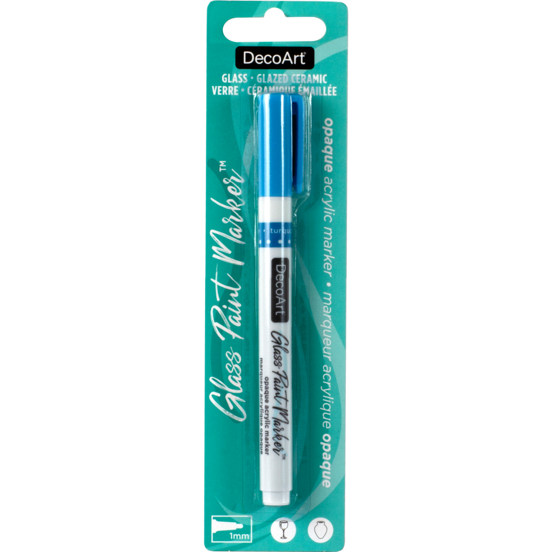 Silver opaque glass paint markers by DecoArt displayed on a white background with caps on and ready for use.