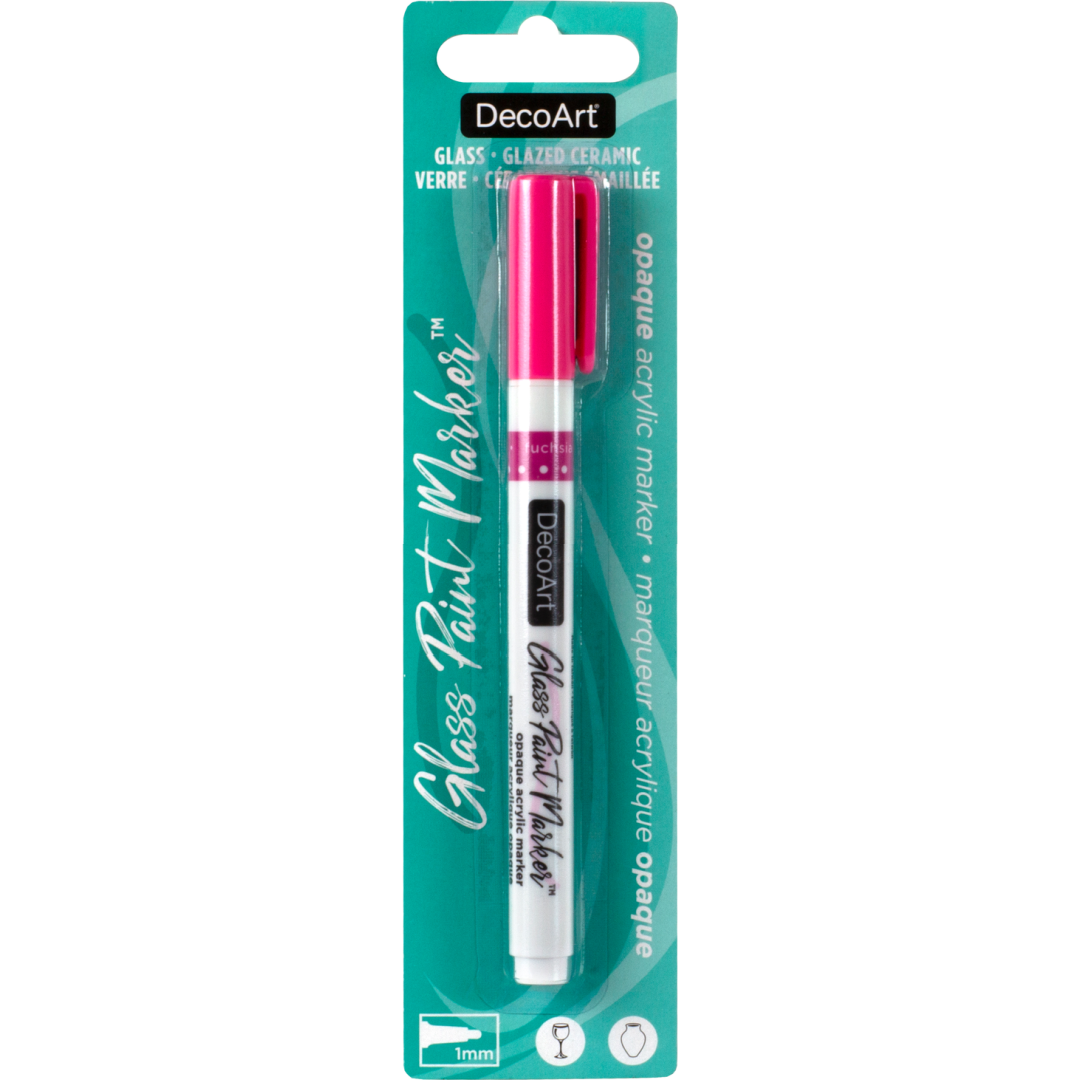 Silver opaque glass paint markers by DecoArt, featuring a fine tip for detailed glass and craft decorating.