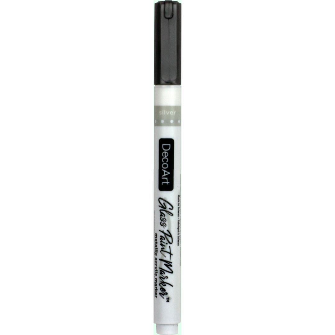 Silver opaque glass paint markers by DecoArt, featuring a fine tip for detailed decorating on glass surfaces.