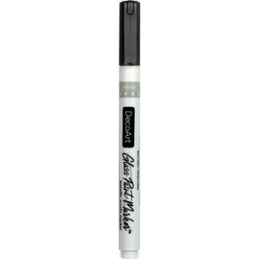 Silver opaque glass paint markers by DecoArt, featuring a fine tip for detailed decorating on glass surfaces.