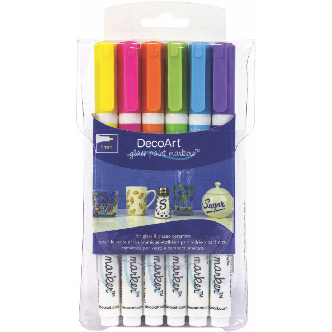 Silver opaque glass paint markers by DecoArt with fine tips, suitable for decorating glass surfaces.