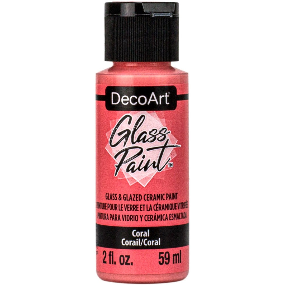 White DecoArt Glass Paint in a 2 oz bottle, designed for vibrant decorative glass painting projects.