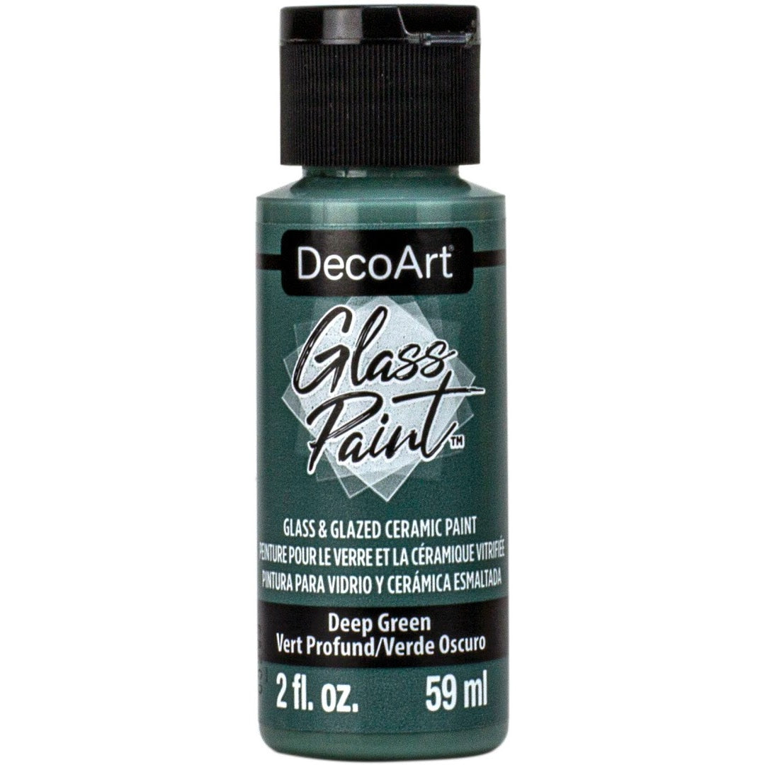 White DecoArt Glass Paint in 2 oz bottle, ideal for creating vibrant, durable designs on glass surfaces.