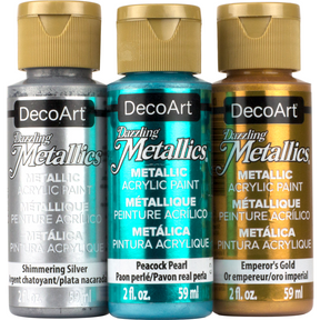 White Pearl Dazzling Metallics paint by DecoArt, 2 oz bottle, showcasing shimmering metallic finish and smooth texture.