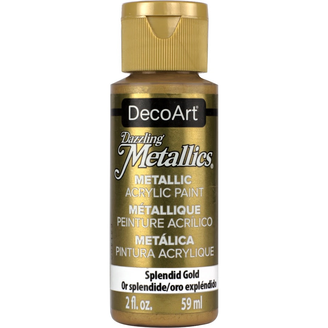 White Pearl Dazzling Metallics acrylic paint by DecoArt in a 2 oz bottle with a shimmering metallic finish.