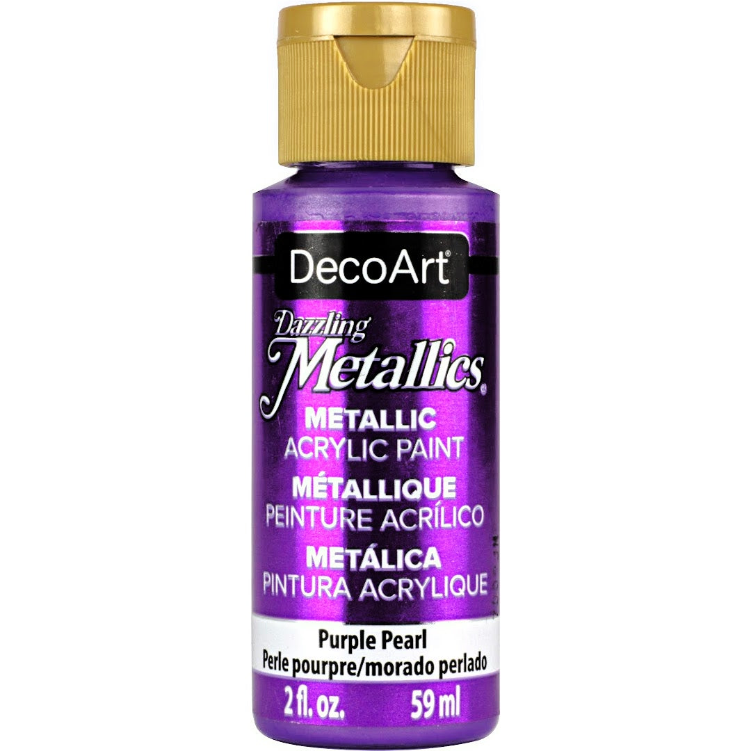White Pearl Dazzling Metallics acrylic paint by DecoArt in a 2 oz bottle, showcasing a shimmering metallic finish.