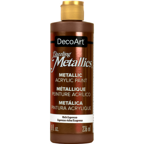 White Pearl Dazzling Metallics acrylic paint by DecoArt in a 2 oz bottle, showcasing a shimmering metallic finish.