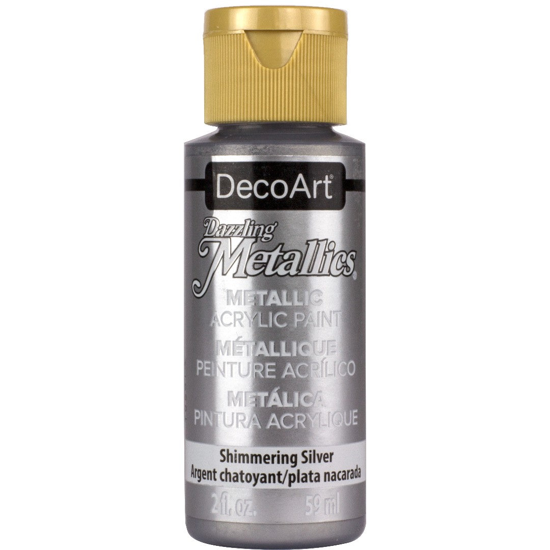 White Pearl Dazzling Metallics acrylic paint by DecoArt in a 2 oz jar with a shimmering metallic finish.