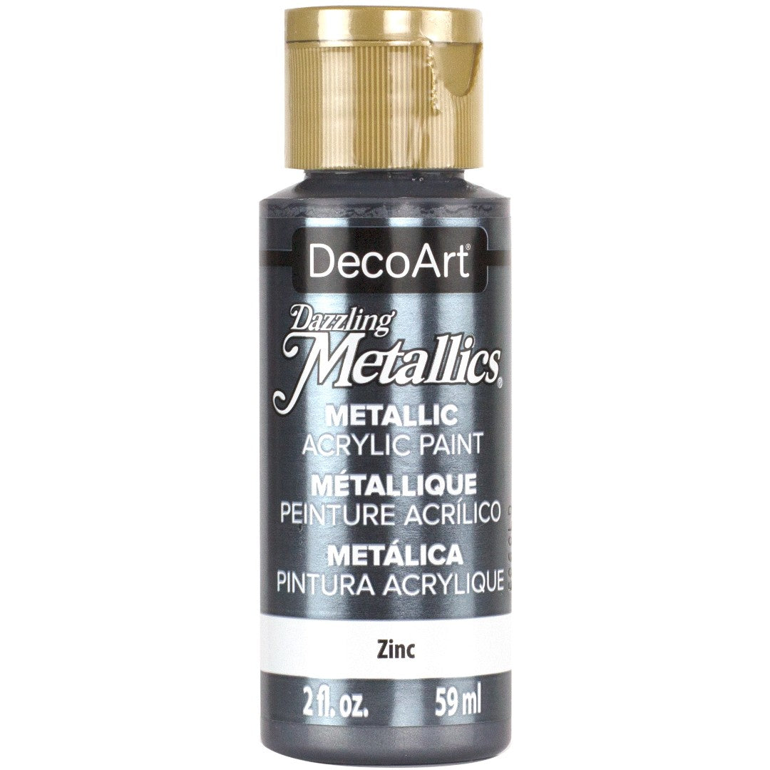 White Pearl Dazzling Metallics acrylic paint by DecoArt in a 2 oz bottle, showcasing its shiny, pearlescent finish.