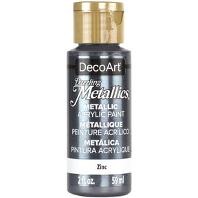 White Pearl Dazzling Metallics acrylic paint by DecoArt in a 2 oz bottle, showcasing its shiny, pearlescent finish.