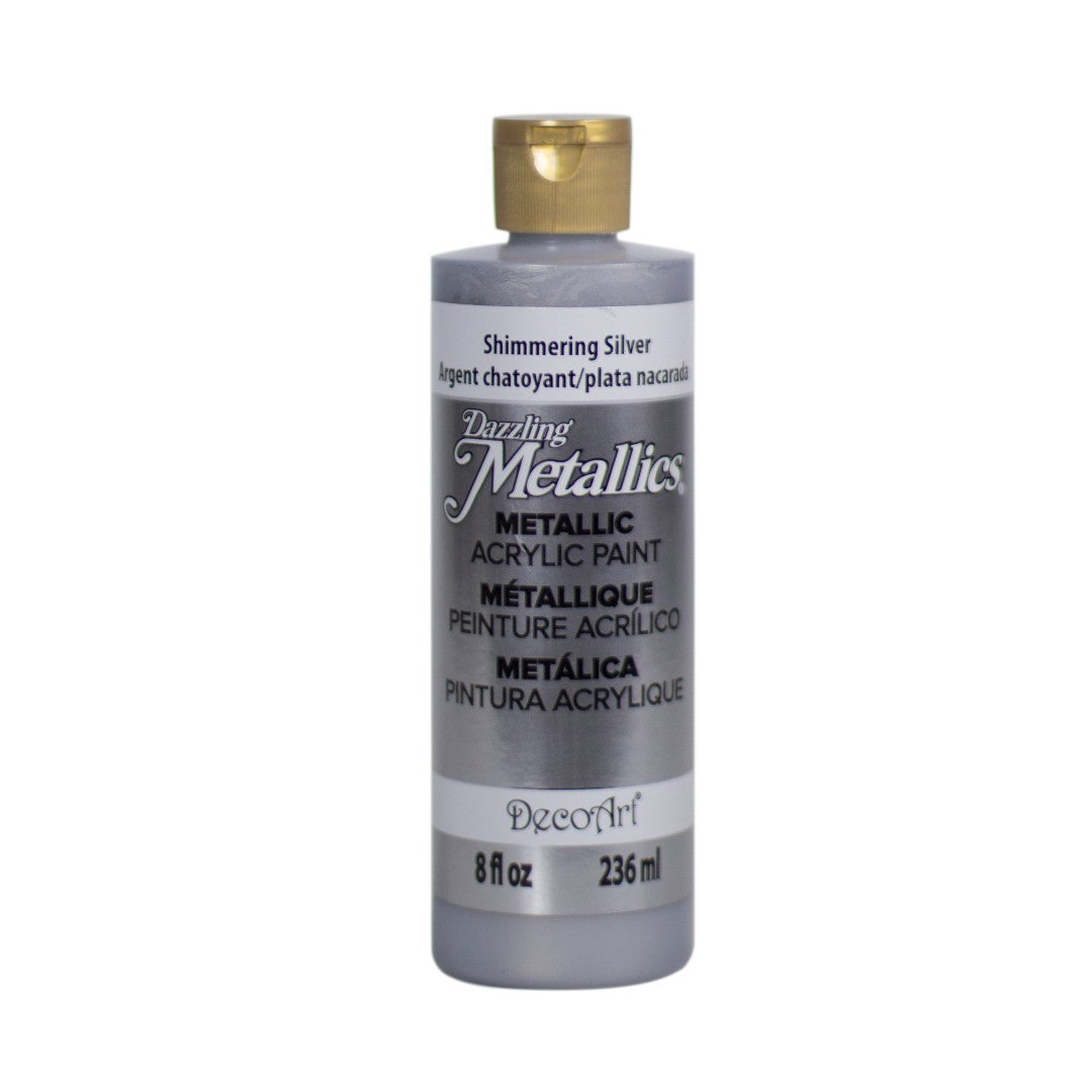 DecoArt Dazzling Metallics White Pearl acrylic paint in a 2 oz bottle with shimmering metallic finish.