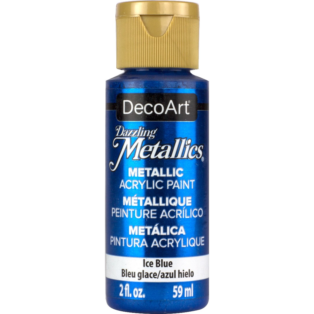 White Pearl Dazzling Metallics acrylic paint by DecoArt in a 2 oz bottle, showcasing its shimmering metallic finish.