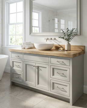Bathroom vanity with wooden countertop, sink, and mirror in a bright room.