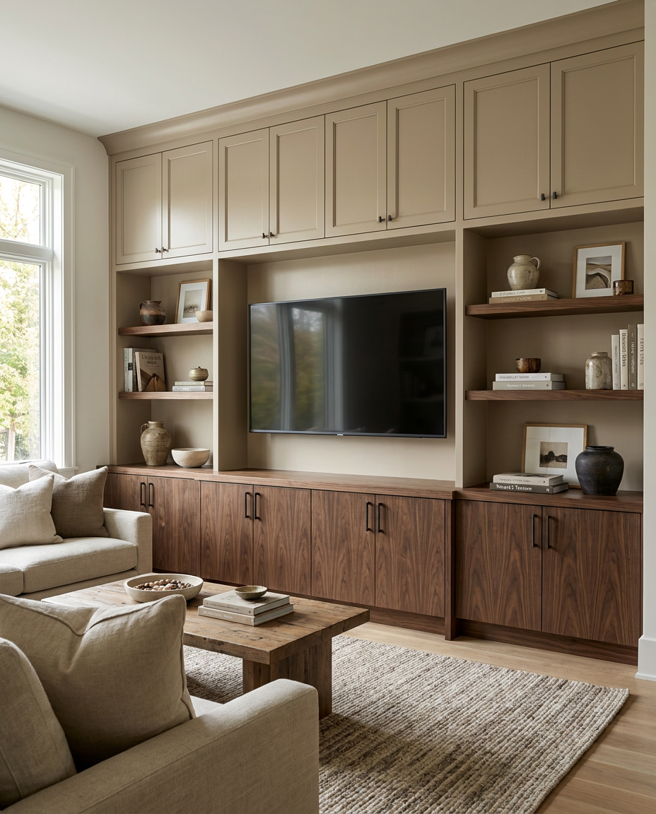 Living room with wooden entertainment center, TV, and beige sofa.