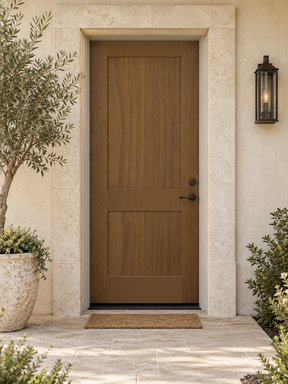 Modern walnut wood grain front door kit by Retique It featuring a stained wood finish and contemporary design.