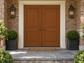 Retique It Wood'n Finish Cedar double front door kit with natural wood grain stain for a classic, elegant exterior appearance.