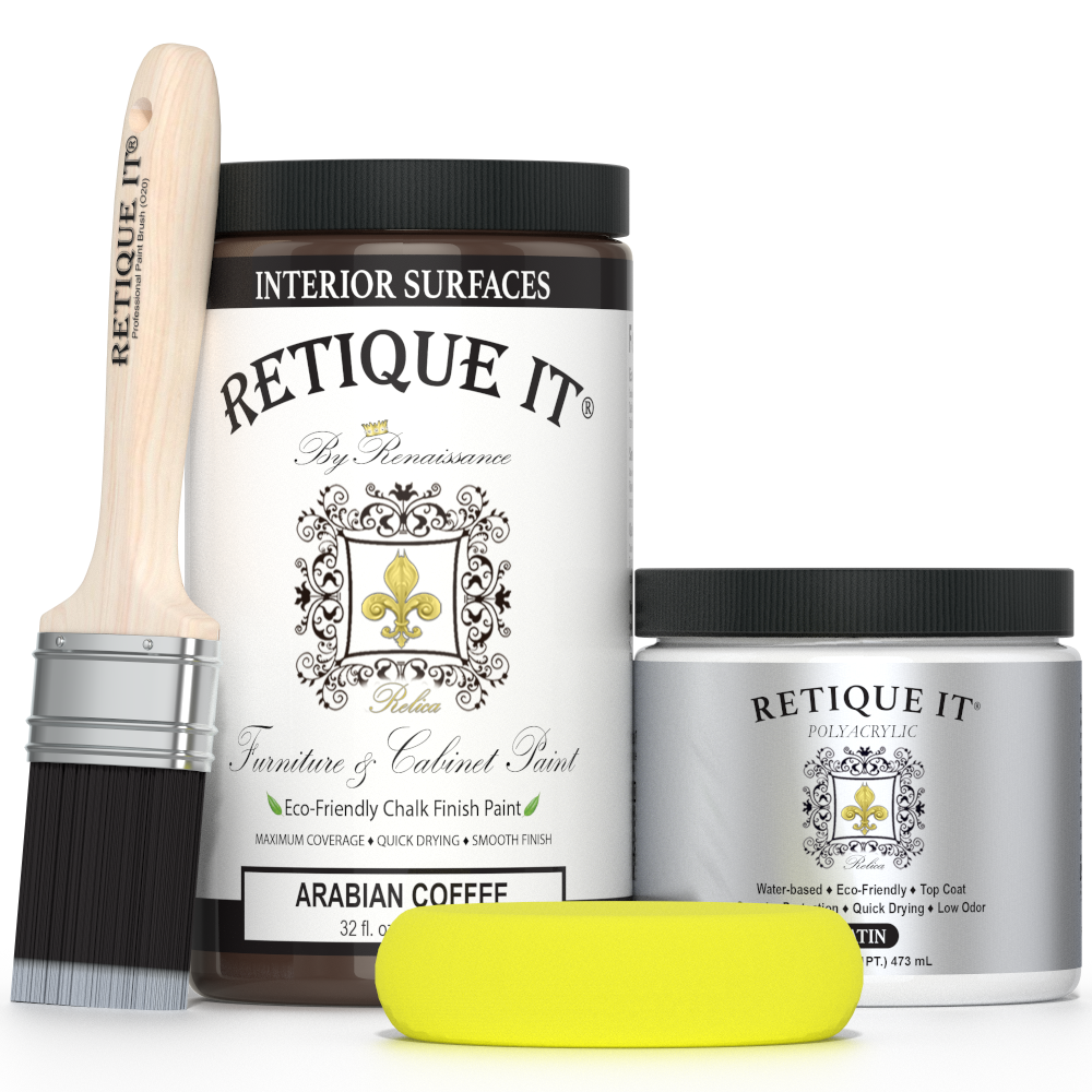 Retique It® furniture and cabinet paint in Arabian Coffee quart, showing smooth, even application on wood surfaces.