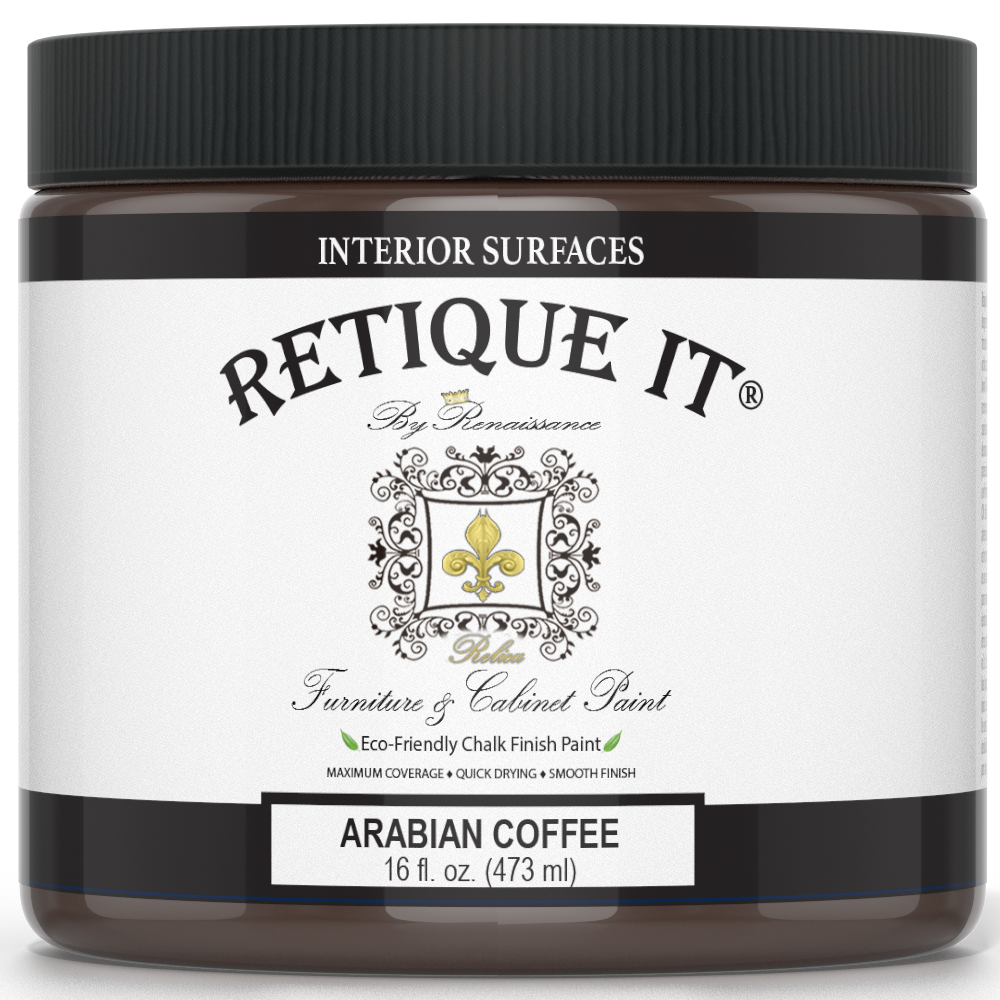 Retique It® furniture and cabinet paint in Arabian Coffee quart, showing a smooth, finished wood surface with rich coffee color.