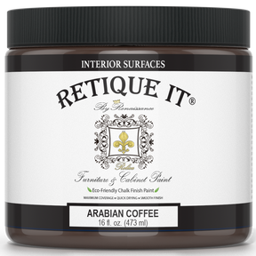 Retique It® furniture and cabinet paint in Arabian Coffee quart, showing a smooth, finished wood surface with rich coffee color.