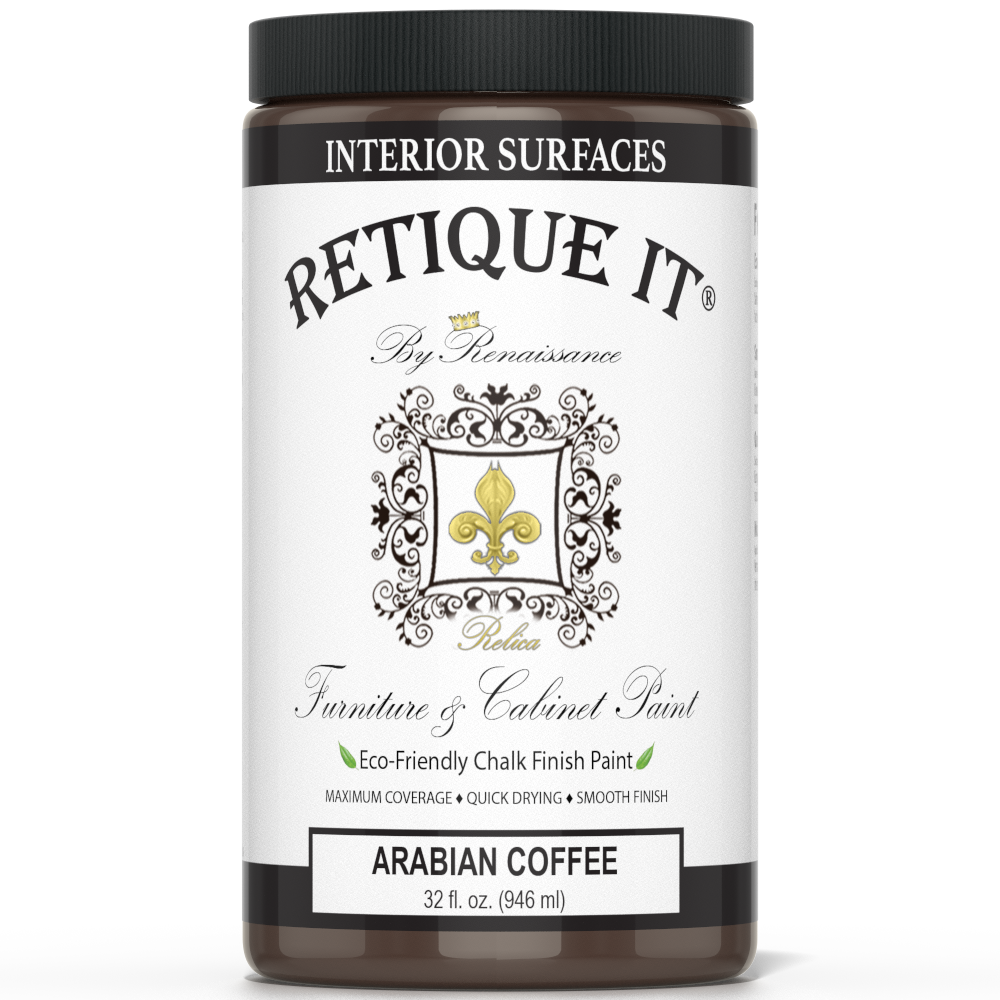 Retique It® furniture and cabinet paint in Arabian Coffee quart, showing a smooth, painted wooden furniture piece with a rich coffee color.