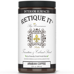 Retique It® furniture and cabinet paint in Arabian Coffee quart, showing a smooth, painted wooden furniture piece with a rich coffee color.