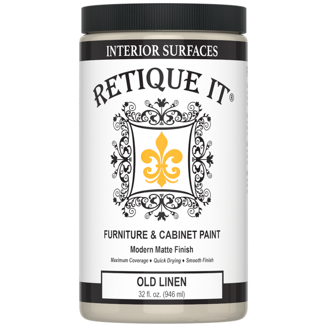 Retique It Furniture & Cabinet Paint in Old Linen, light neutral color, shown on a wooden cabinet surface.