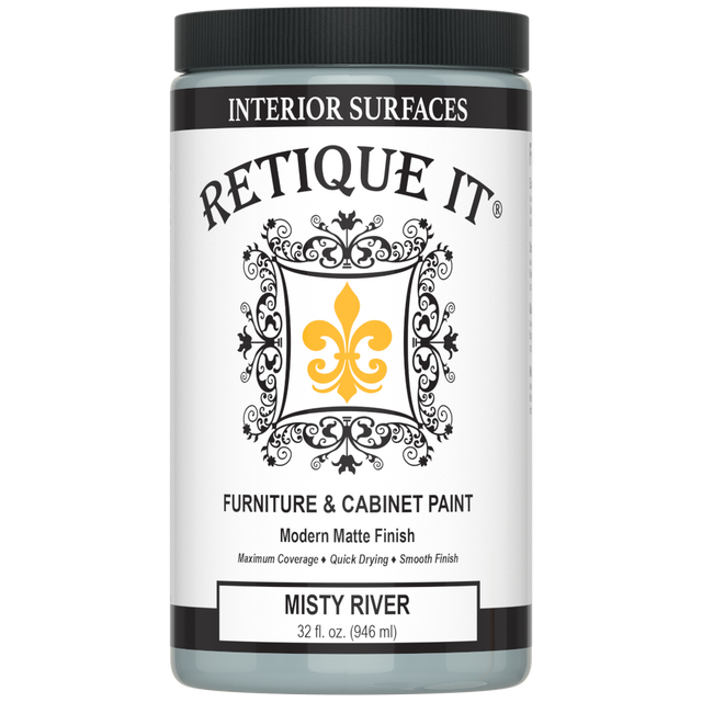 Container of Retique It Misty River furniture and cabinet paint showing the paint can with label and color swatch.