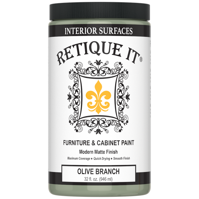 Retique It Olive Branch furniture and cabinet paint bottle with label, showcasing vibrant green paint for furniture projects.