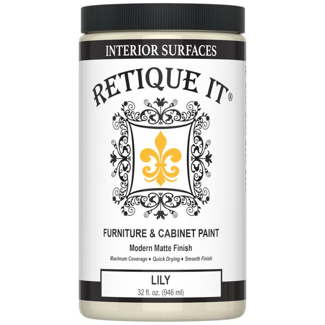 Retique It Lily furniture and cabinet paint quart, showing a smooth, fresh finish on wood surfaces in a natural setting.