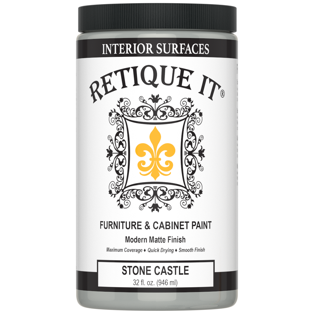 Retique It® furniture and cabinet paint in stone castle quart, showing the smooth, neutral-colored paint container for furniture projects.
