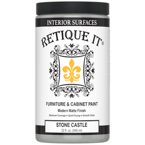 Retique It® furniture and cabinet paint in stone castle quart, showing the smooth, neutral-colored paint container for furniture projects.
