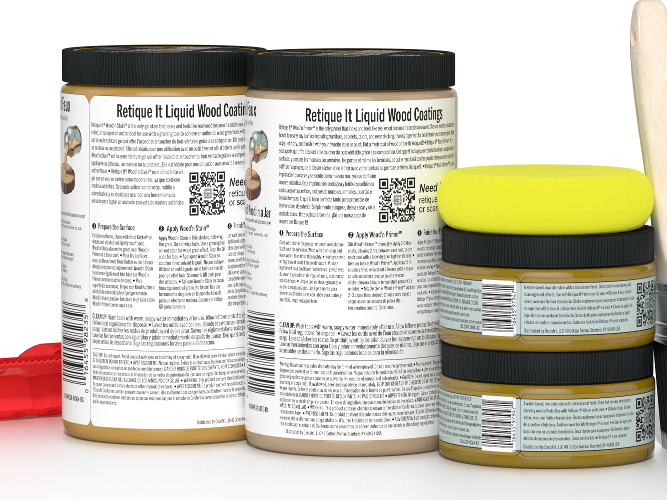 Retique It® Wood'n Finish Kit (Large) in Old Oak, showcasing wood stain and finishing supplies on a wooden surface.