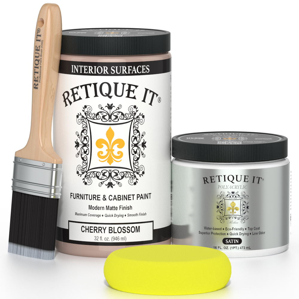 Retique It furniture paint with a brush and sample on a white background