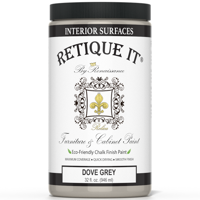 Retique It Dove Grey furniture and cabinet paint in a can, ready for surface application with a smooth, matte finish.