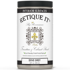 Retique It® furniture and cabinet paint in Dove Grey quart, showing smooth brush strokes on a furniture surface.